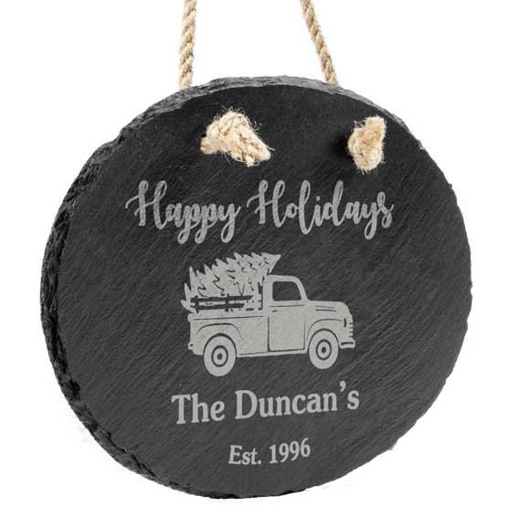 Custom Slate Oval Sign Printed With Happy Holidays And Name And Date And Festive Truck Artwork Hanging Via Rope