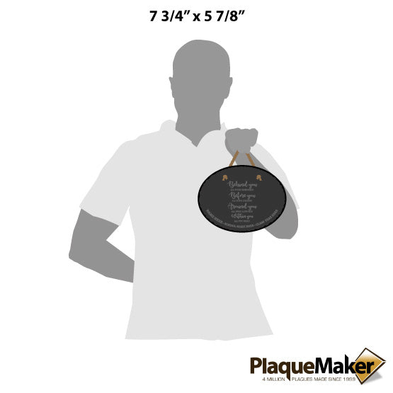 Size Guide With Blank Figure Holding Slate Oval Sign Printed With Inspiring Message And Customizable Area Via Rope