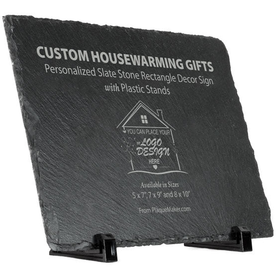 A black slate stone sign on a black plastic sign with customizable engraved gray text and placeholder artwork, set at a slight angle on a white background.
