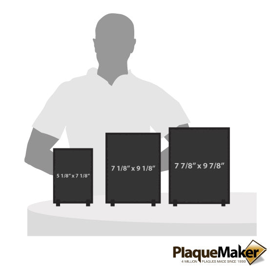 Size Guide With Blank Figure Standing Behind Three Sizes Of Custom Slate Rectangle Signs Standing Via Plastic Stands