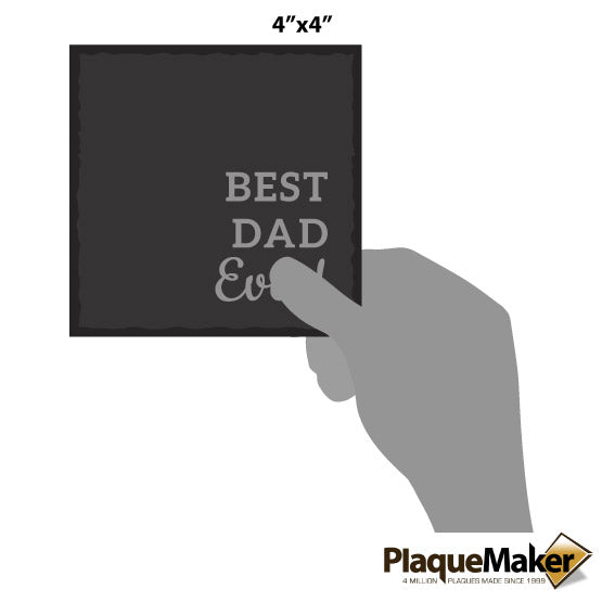 Size Guide With Blank Hand Holding Custom Slate Square Coaster Printed With Best Dad Ever Message Against White Background