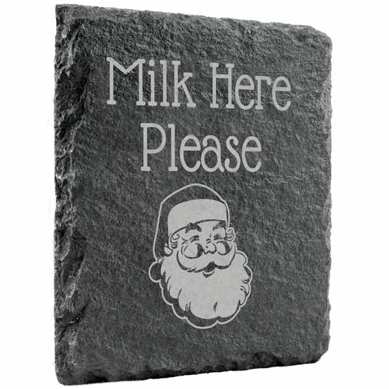 Custom Slate Stone Square Coaster Printed With Milk Here Please And Santa Face Artwork Against A White Background