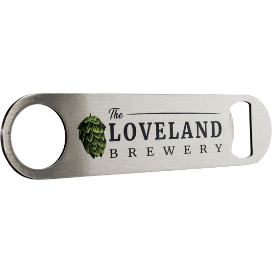 Custom Stainless Steel Bottle Opener With Full Color Logo Of The Loveland Brewery Against A White Background