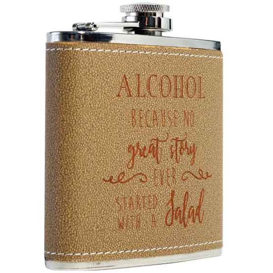 Custom Leather Wrapped Stainless Steel Flask Laser Engraved With Funny Alcohol Message Against A White Background