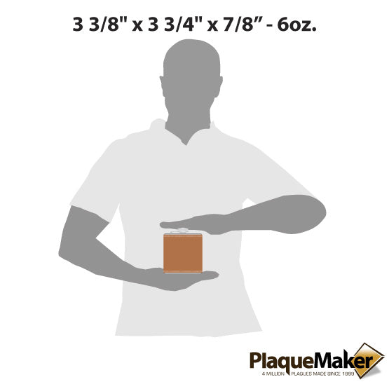Size Guide With Blank Figure Holding Custom Leather Wrapped Stainless Steel Flask Against A White Background