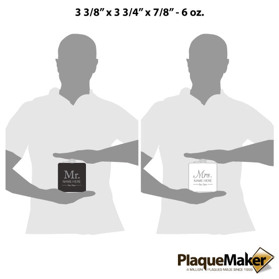 Size Guide With Blank Figures Holding Each Stainless Steel Flask From Set Of Black And White Flasks With Family Name