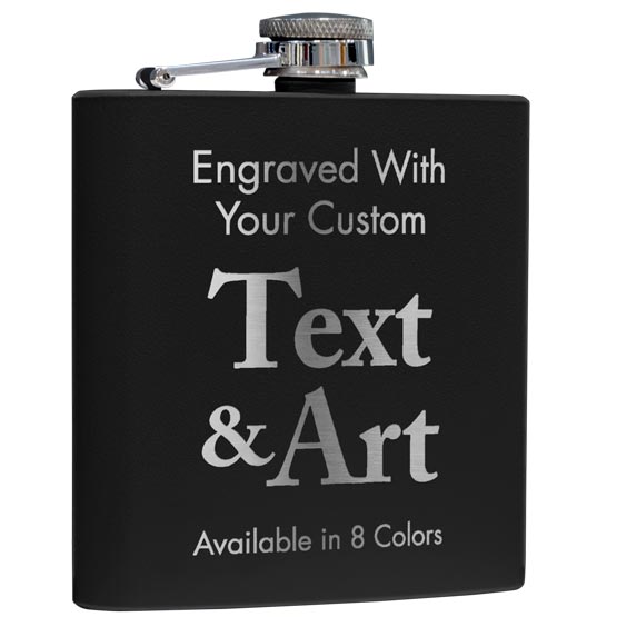 Black Powder Coated Stainless Steel Flask Laser Engraved To Show Customizable Areas For Text And Art Against White Background