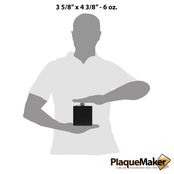 Size Guide With Blank Figure Holding Custom Black Powder Coated Stainless Steel Flask Against A White Background