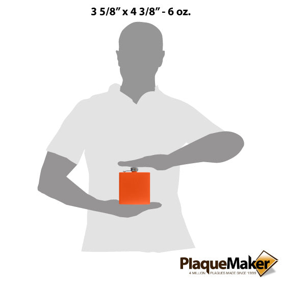 Size Guide With Blank Figure Holding Custom Orange Powder Coated Stainless Steel Flask Against A White Background