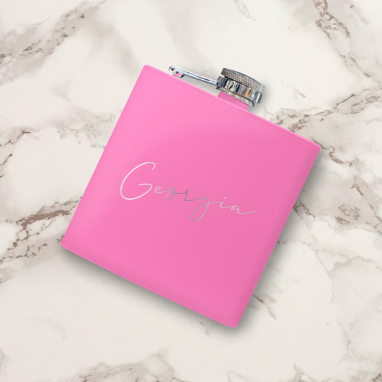 Custom Pink Powder Coated Stainless Steel Flask Laser Engraved With Georgia Sitting On Marble Kitchen Counter