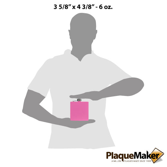 Size Guide With Blank Figure Holding Custom Pink Powder Coated Stainless Steel Flask Against A White Background