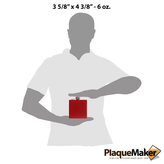 Size Guide With Blank Figure Holding Custom Red Powder Coated Stainless Steel Flask Against A White Background