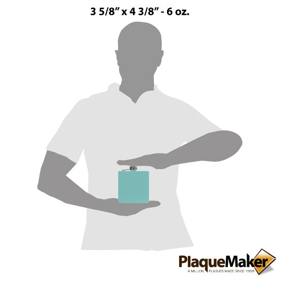 Size Guide With Blank Figure Holding Custom Teal Powder Coated Stainless Steel Flask Against A White Background