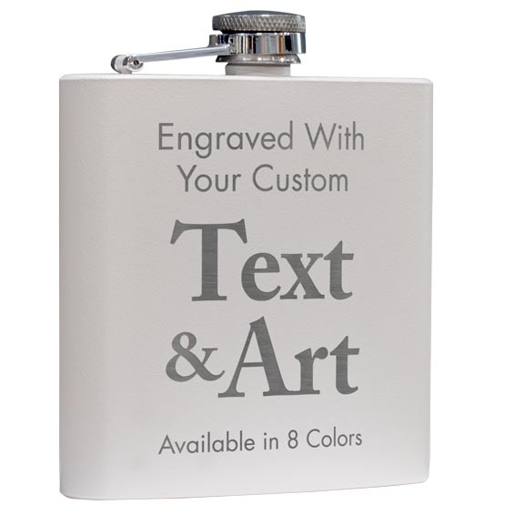 Custom White Powder Coated Stainless Steel Flask Laser Engraved To Show Customizable Areas For Text And Artwork