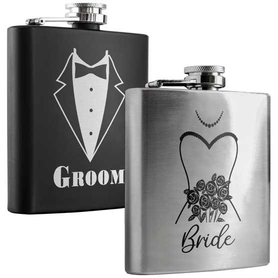 Set Of Custom Black And Silver Stainless Steel Flasks Featuring Tux Art With Groom Text And Dress Art With Bride Text