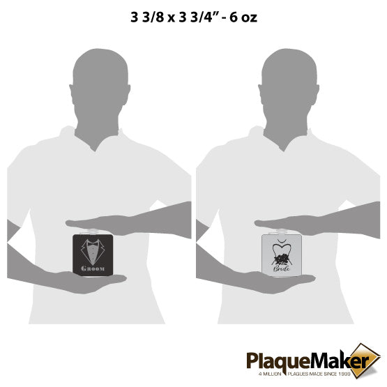 Size Guide With Blank Figures Holding Set Of Black And Silver Stainless Steel Flasks With Custom Groom And Bride Themes