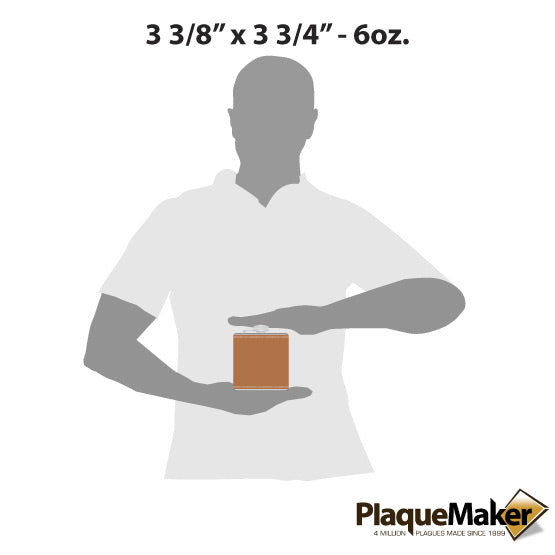 Size Guide With Blank Figure Holding Leather Wrapped Stainless Steel Flask From Gift Box Against A White Background