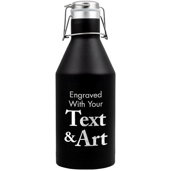 Custom Black Stainless Steel Beer Growler With Swing Top Lid And Laser Engraved To Show Customizable Areas For Text And Art