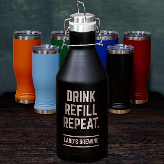 Black Stainless Steel Beer Growler With Swing Top Lid And Engraved With Drink Refill Repeat And Logo On Table With Drinkware