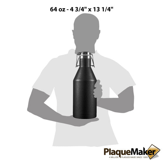 Size Guide With Blank Figure Holding Custom Black Stainless Steel Beer Growler With Swing Top Lid Against White Background