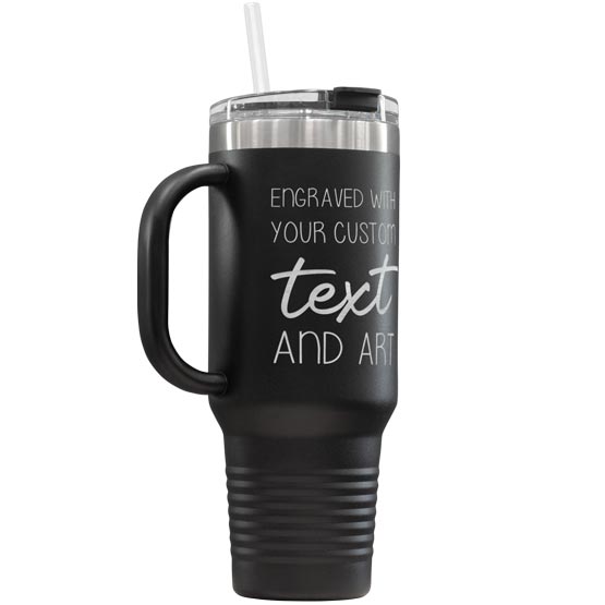 Black Stainless Steel Coffee Tumbler With Handle And Straw And Laser Engraved To Show Customizable Areas For Text And Art