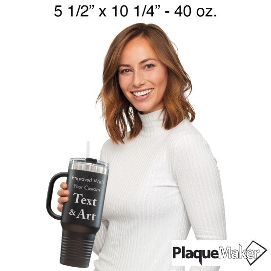 Size Guide With Happy Woman Holding Black Stainless Steel Coffee Tumbler With Handle And Straw And Showing Customizable Areas