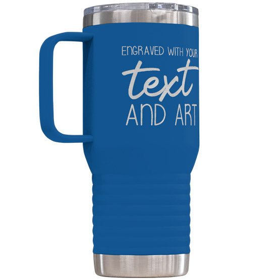 Custom Blue Stainless Steel Coffee Tumbler With Handle And Laser Engraved To Show Customizable Areas For Text And Art