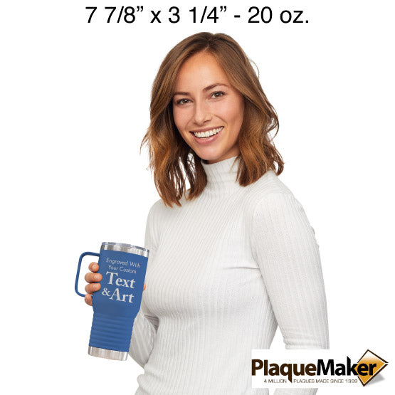 Size Guide With Happy Woman Holding Blue Stainless Steel Coffee Tumbler With Handle And Engraved To Show Customizable Areas