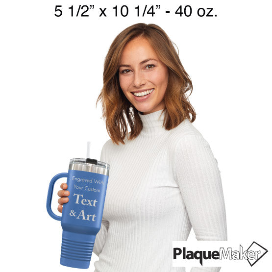 Size Guide With Happy Woman Holding Blue Stainless Steel Coffee Tumbler With Handle And Straw And Showing Customizable Areas