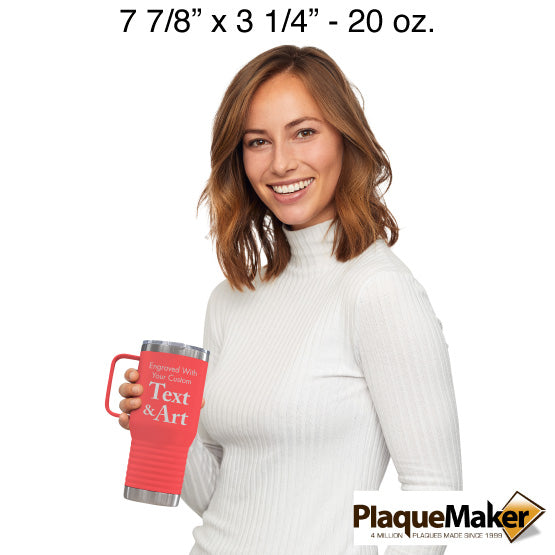 Size Guide With Happy Woman Holding Coral Stainless Steel Coffee Tumbler With Handle And Engraved To Show Customizable Areas