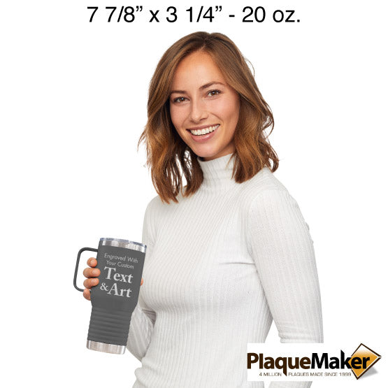 Size Guide With Happy Woman Holding Gray Stainless Steel Coffee Tumbler With Handle And Engraved To Show Customizable Areas