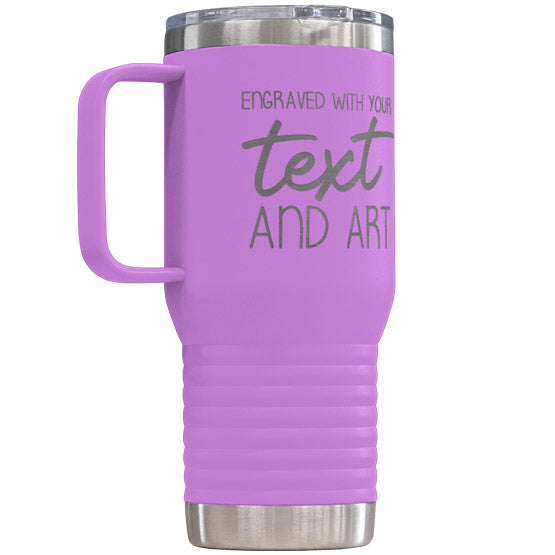 Light Purple Stainless Steel Coffee Tumbler With Handle And Laser Engraved To Show Customizable Areas For Text And Art