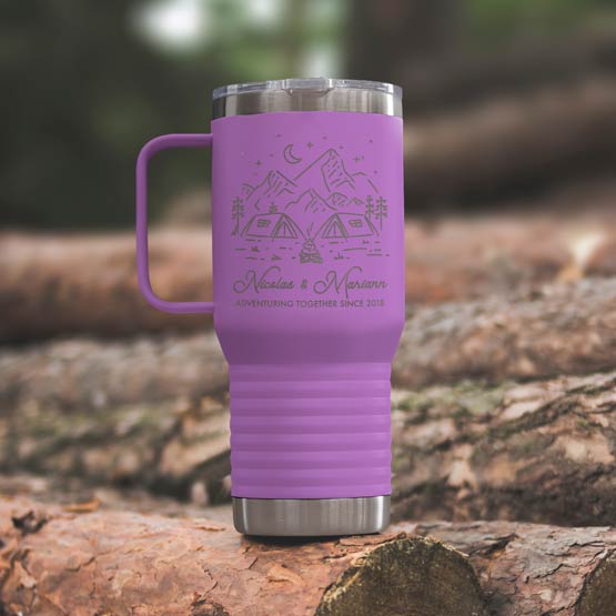 Light Purple Stainless Steel Coffee Tumbler With Handle And Engraving Of Camping Art And Names And Date On Wood Log Outdoors