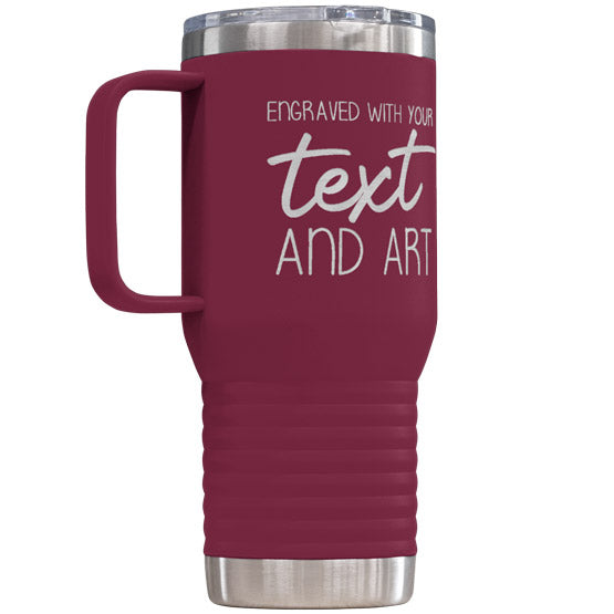 Maroon Stainless Steel Coffee Tumbler With Handle And Laser Engraved To Show Customizable Areas For Text And Art