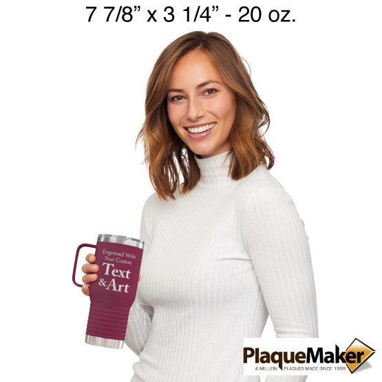 Size Guide With Happy Woman Holding Maroon Stainless Steel Coffee Tumbler With Handle And Showing Customizable Areas