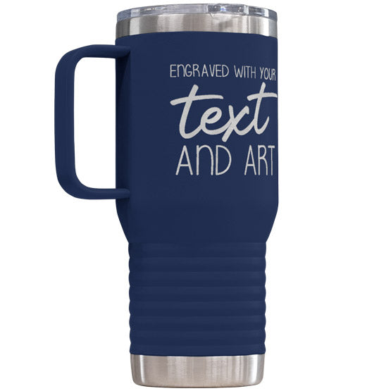 Navy Blue Stainless Steel Coffee Tumbler With Handle And Laser Engraved To Show Customizable Areas For Text And Art