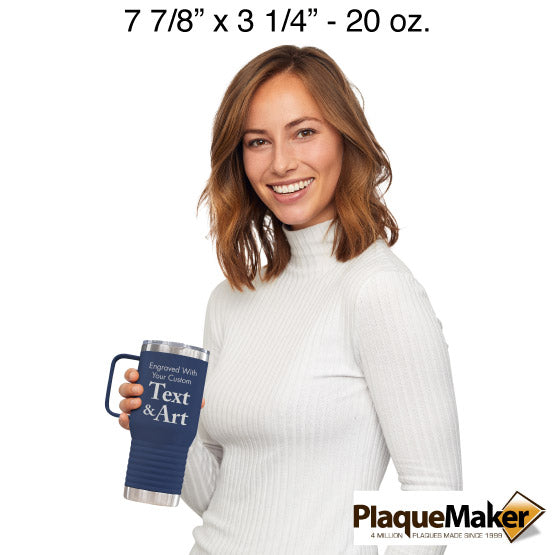Size Guide With Happy Woman Holding Navy Blue Stainless Steel Coffee Tumbler With Handle And Customizable Areas