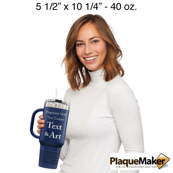 Size Guide With Happy Woman Holding Navy Blue Stainless Steel Coffee Tumbler With Handle And Straw And Customizable Areas