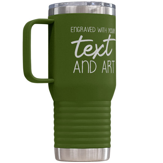 Olive Green Stainless Steel Coffee Tumbler With Handle And Laser Engraved To Show Customizable Areas For Text And Art