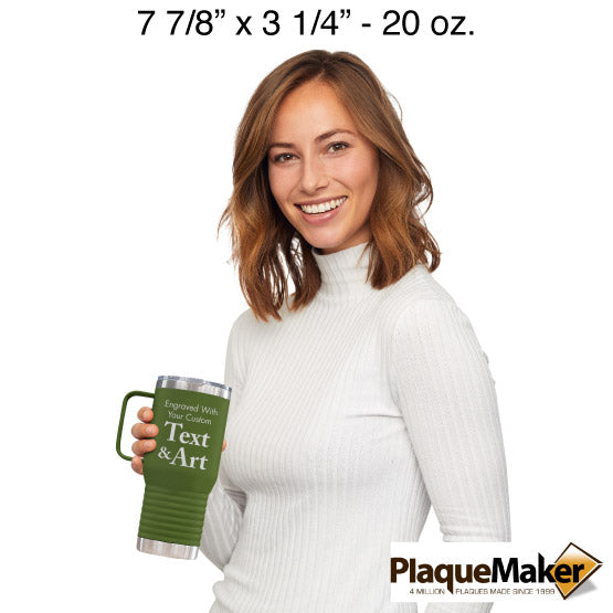 Size Guide With Happy Woman Holding Olive Green Stainless Steel Coffee Tumbler With Handle And Showing Customizable Areas
