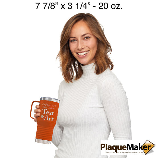 Size Guide With Happy Woman Holding Custom Orange Stainless Steel Coffee Tumbler With Handle And Customizable Areas