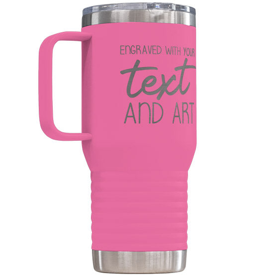 Pink Stainless Steel Coffee Tumbler With Handle And Laser Engraved To Show Customizable Areas For Text And Art