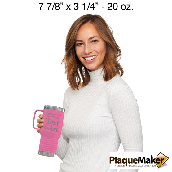 Size Guide With Happy Woman Holding Pink Stainless Steel Coffee Tumbler With Handle And Showing Customizable Areas