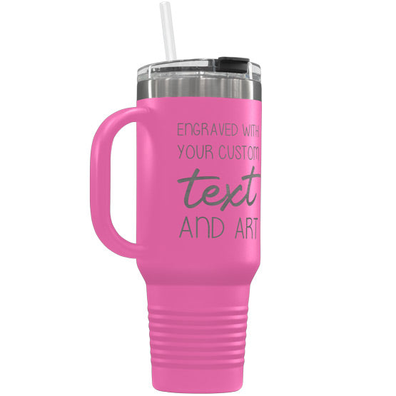 Pink Stainless Steel Coffee Tumbler With Handle And Straw And Engraved To Show Customizable Areas For Text And Art