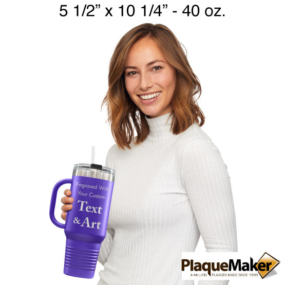 Size Guide With Happy Woman Holding Purple Stainless Steel Coffee Tumbler With Handle And Straw And Customizable Areas