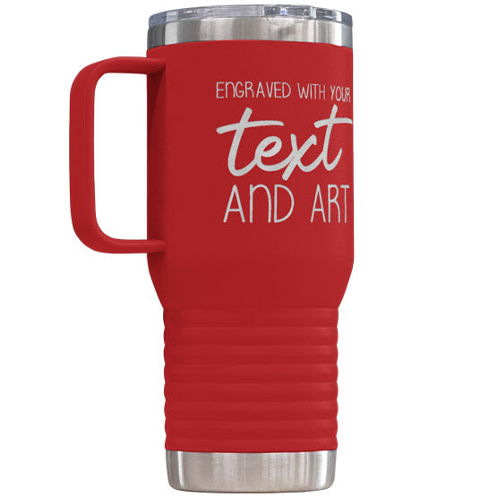 Red Stainless Steel Coffee Tumbler With Handle And Laser Engraved To Show Customizable Areas For Text And Art