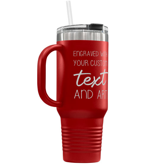 Red Stainless Steel Coffee Tumbler With Handle And Straw And Engraved To Show Customizable Areas For Text And Art