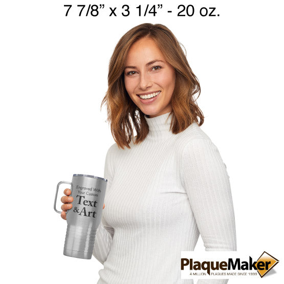 Size Guide With Happy Woman Holding Stainless Steel Coffee Tumbler With Handle And Engraved To Show Customizable Areas