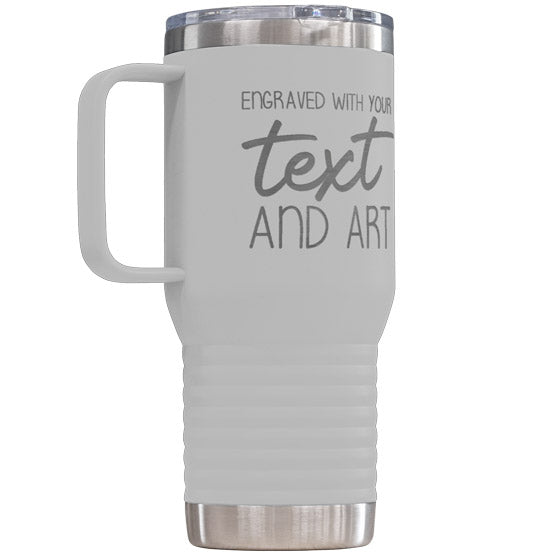 White Stainless Steel Coffee Tumbler With Handle And Laser Engraved To Show Customizable Areas For Text And Art