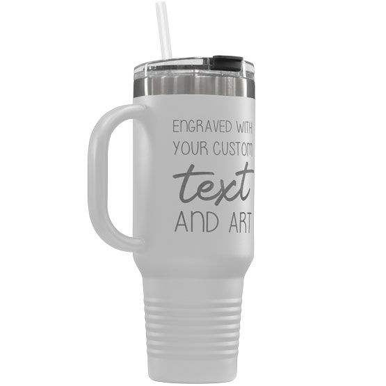 White Stainless Steel Coffee Tumbler With Handle And Straw And Engraved To Show Customizable Areas For Text And Art